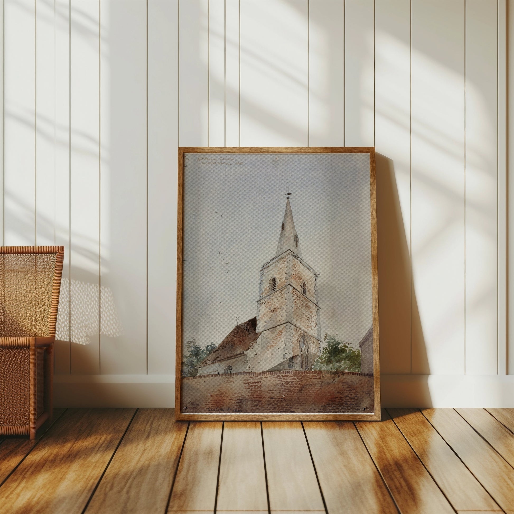Premium Poster of Historic Church Tower Watercolor Art Print Posters