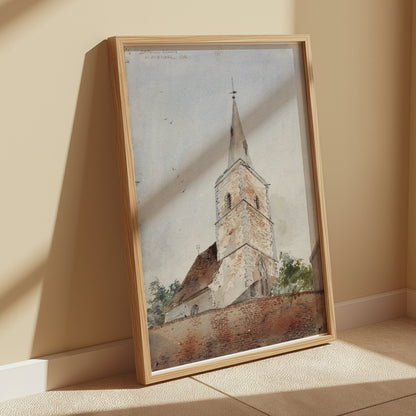 Premium Poster of Historic Church Tower Watercolor Art Print Posters