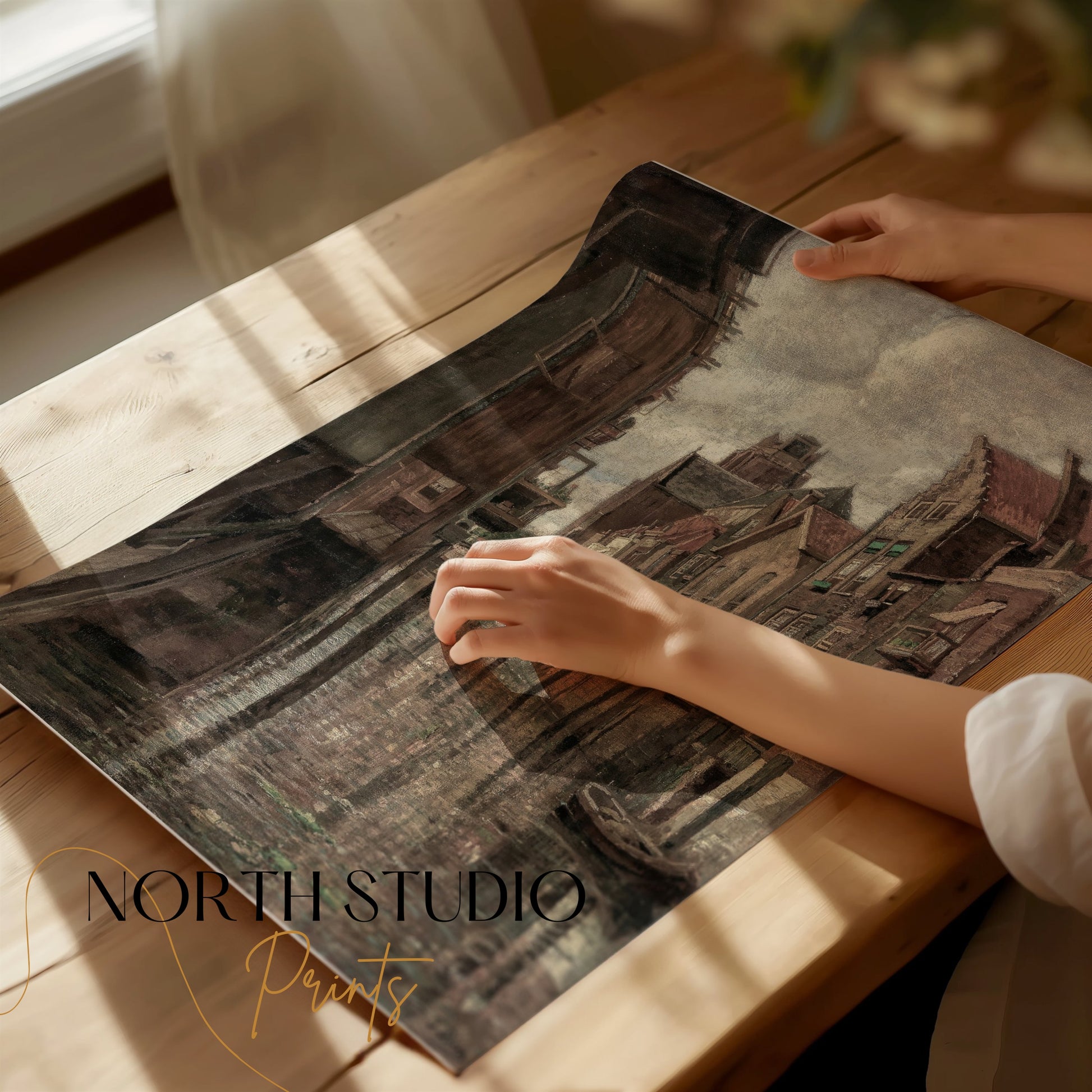 Premium Poster of Historic European Waterfront Canal Street Scene Posters
