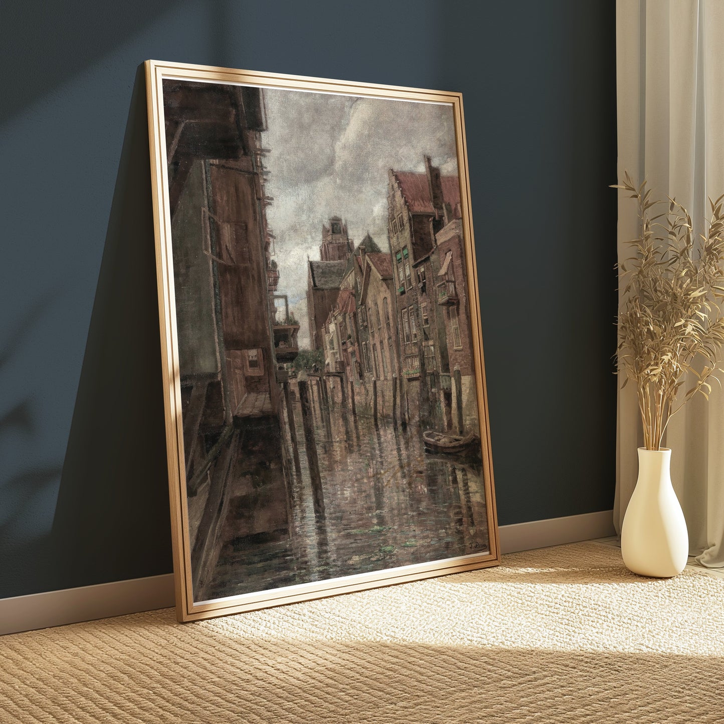 Premium Poster of Historic European Waterfront Canal Street Scene Posters