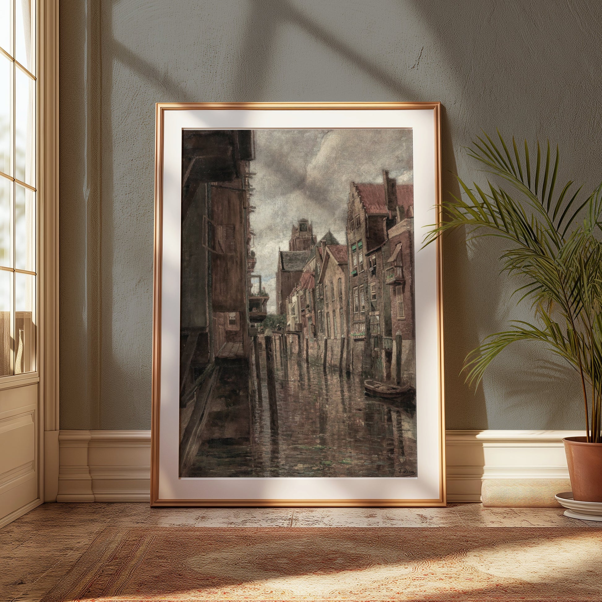 Premium Poster of Historic European Waterfront Canal Street Scene Posters