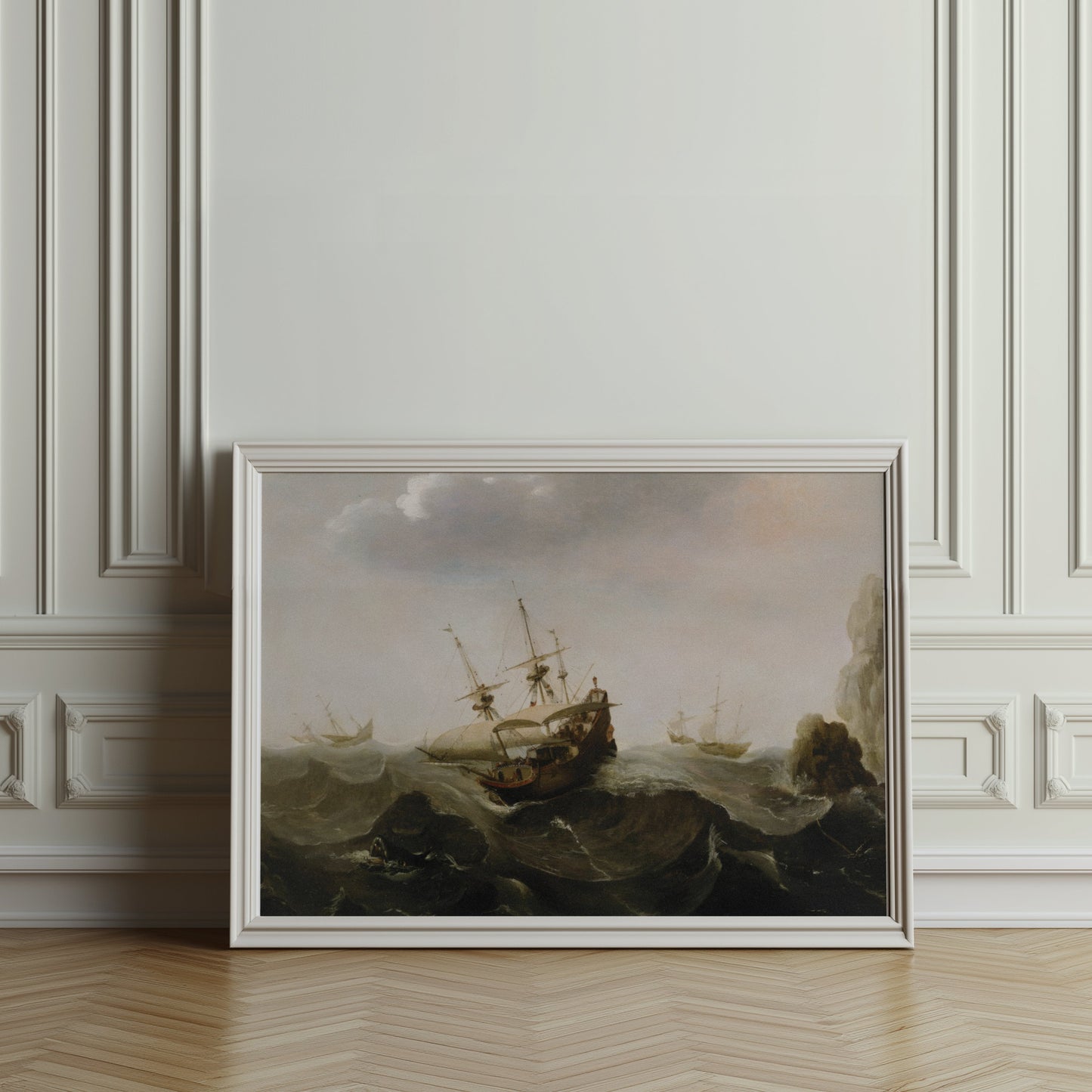 Premium Poster of Historic Sailing Ships Navigating Stormy Waters Posters