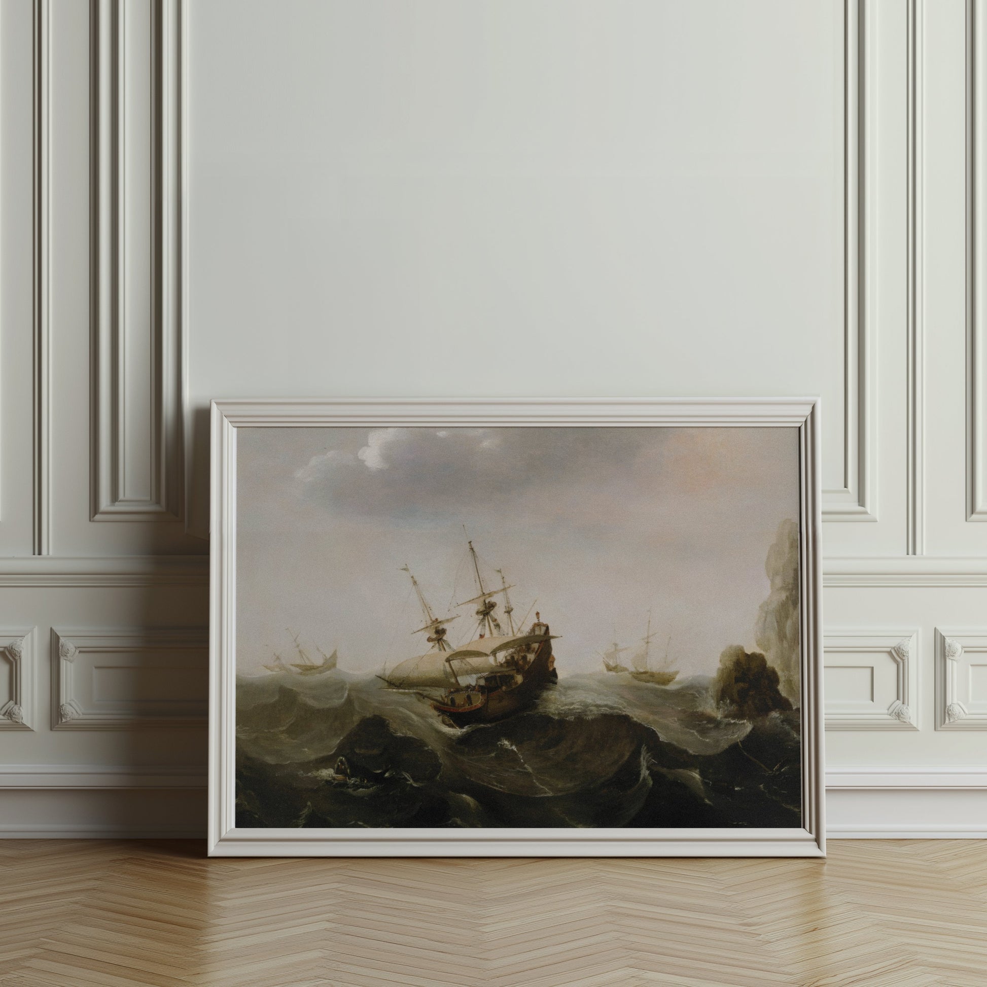Premium Poster of Historic Sailing Ships Navigating Stormy Waters Posters