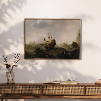 Premium Poster of Historic Sailing Ships Navigating Stormy Waters Posters