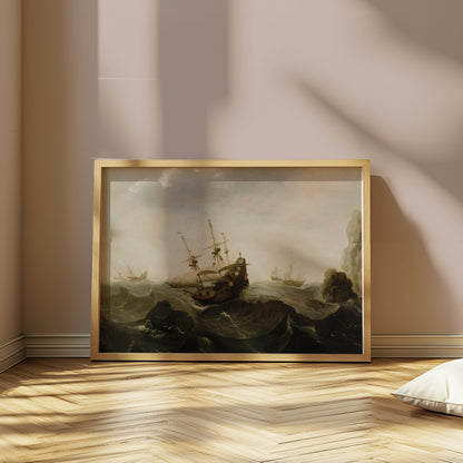 Premium Poster of Historic Sailing Ships Navigating Stormy Waters Posters