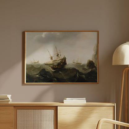 Premium Poster of Historic Sailing Ships Navigating Stormy Waters Posters