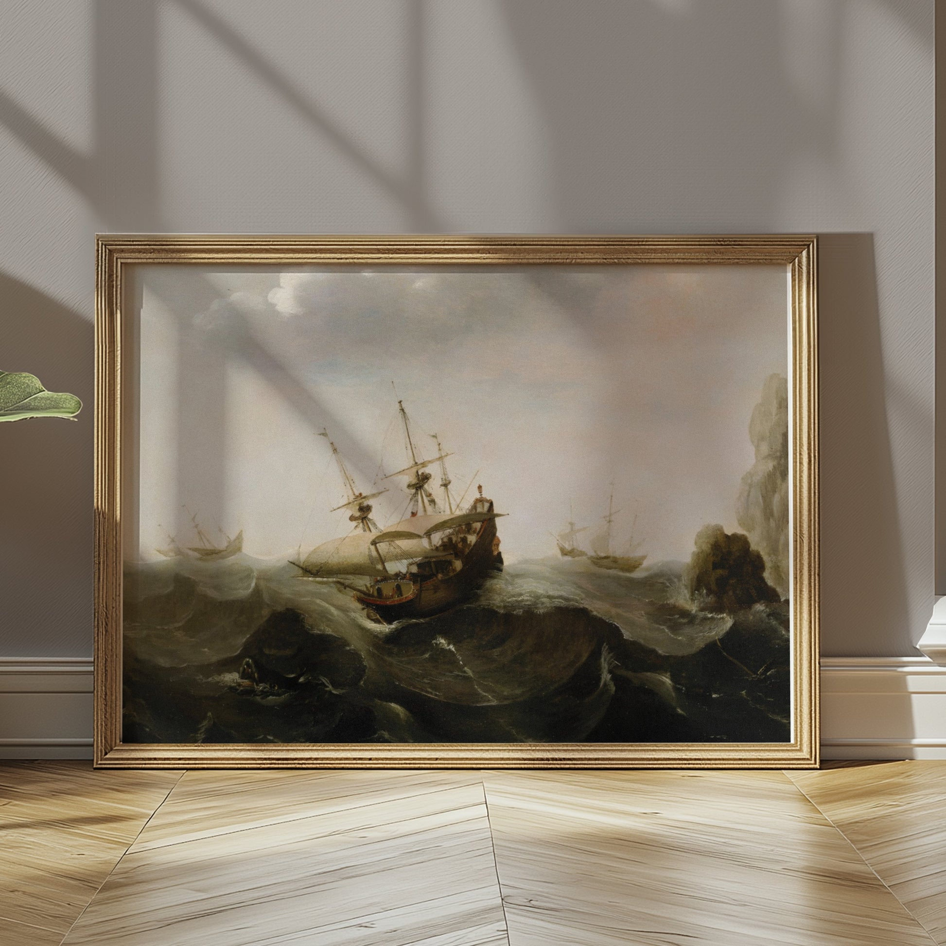 Premium Poster of Historic Sailing Ships Navigating Stormy Waters Posters