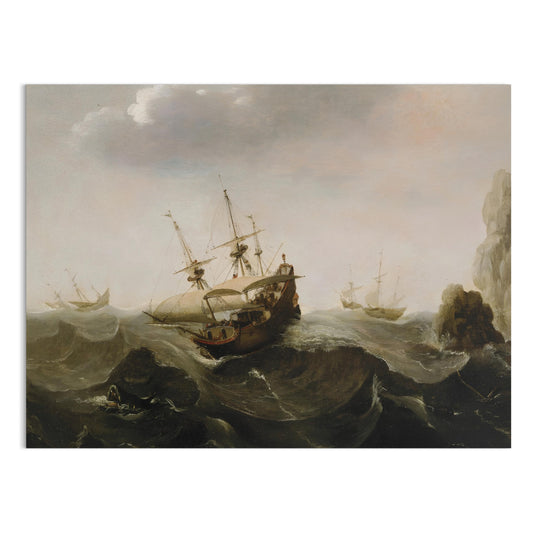 Premium Poster of Historic Sailing Ships Navigating Stormy Waters Posters