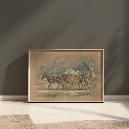 Premium Poster of Horse Drawn Cart in Rural Landscape Vintage Art Posters