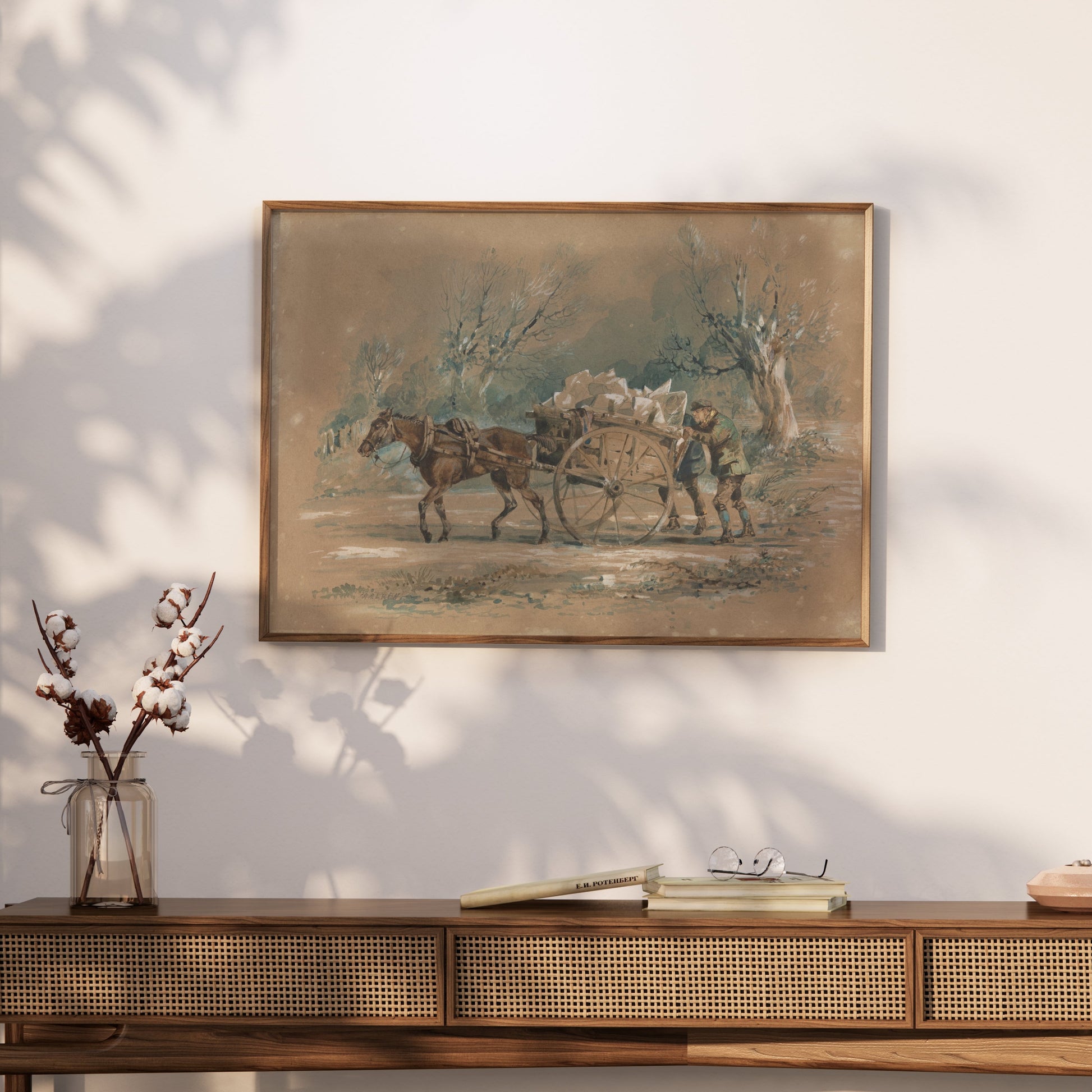 Premium Poster of Horse Drawn Cart in Rural Landscape Vintage Art Posters