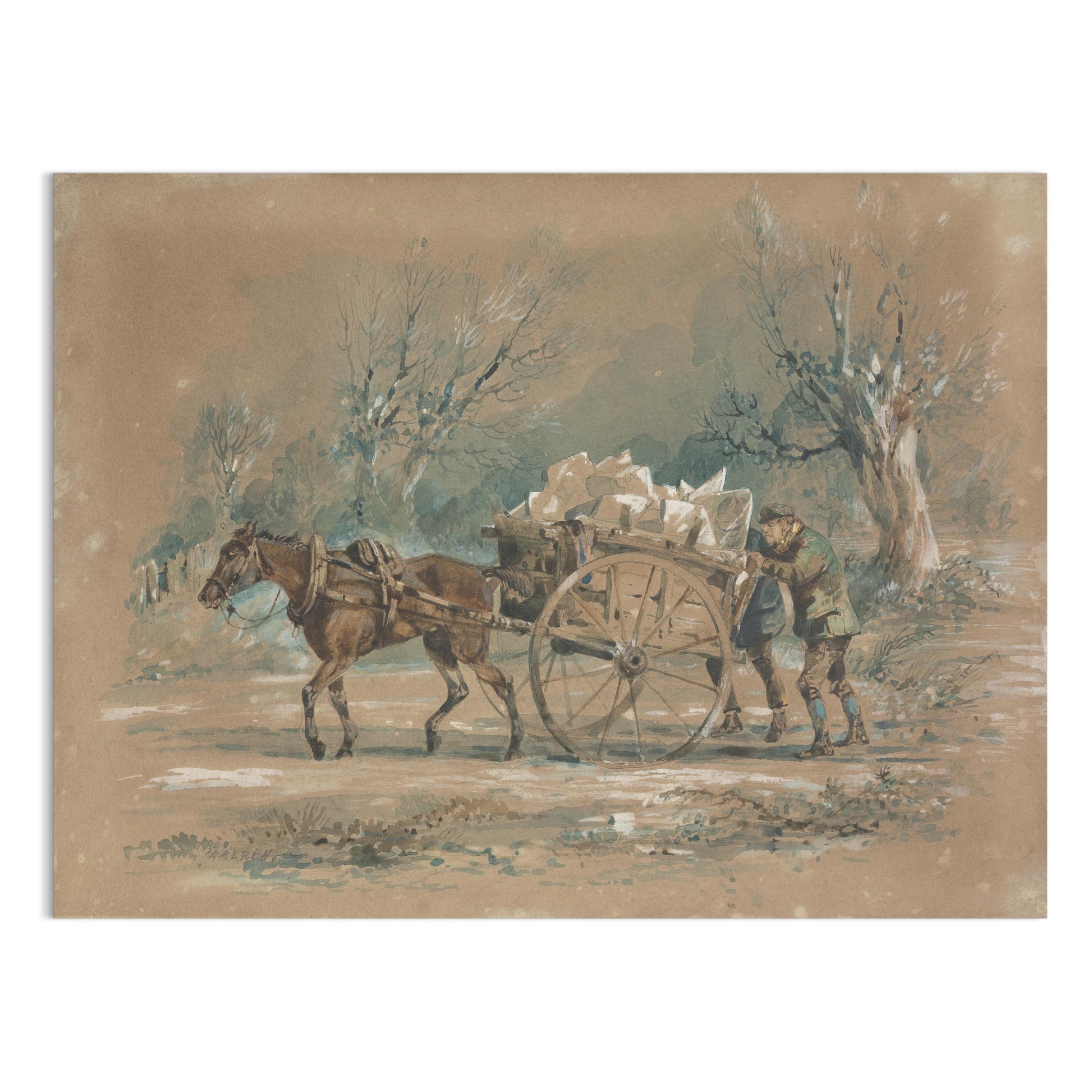 Premium Poster of Horse Drawn Cart in Rural Landscape Vintage Art Posters