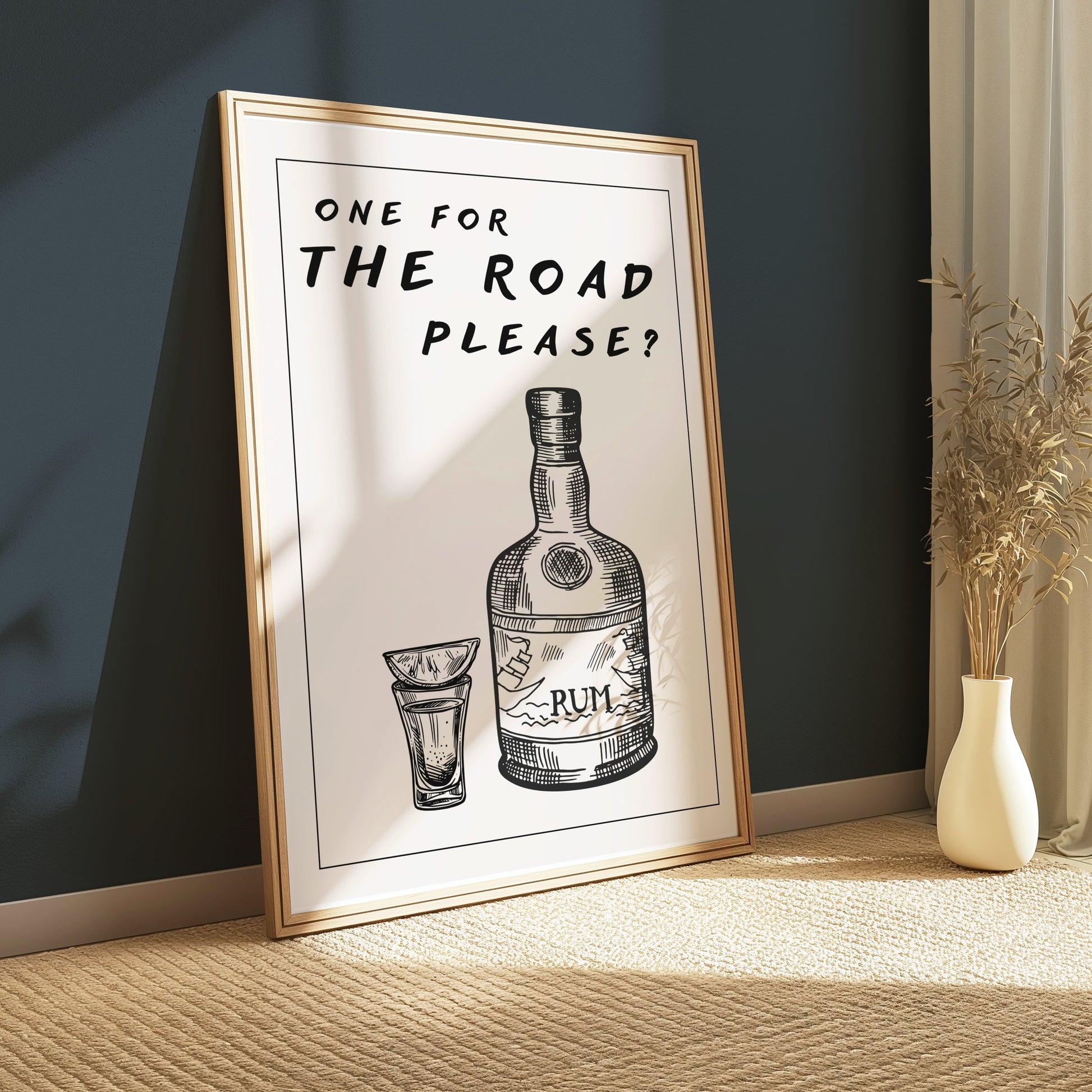 Premium Poster of Humorous Rum Bottle With Shot Glass Artwork Posters
