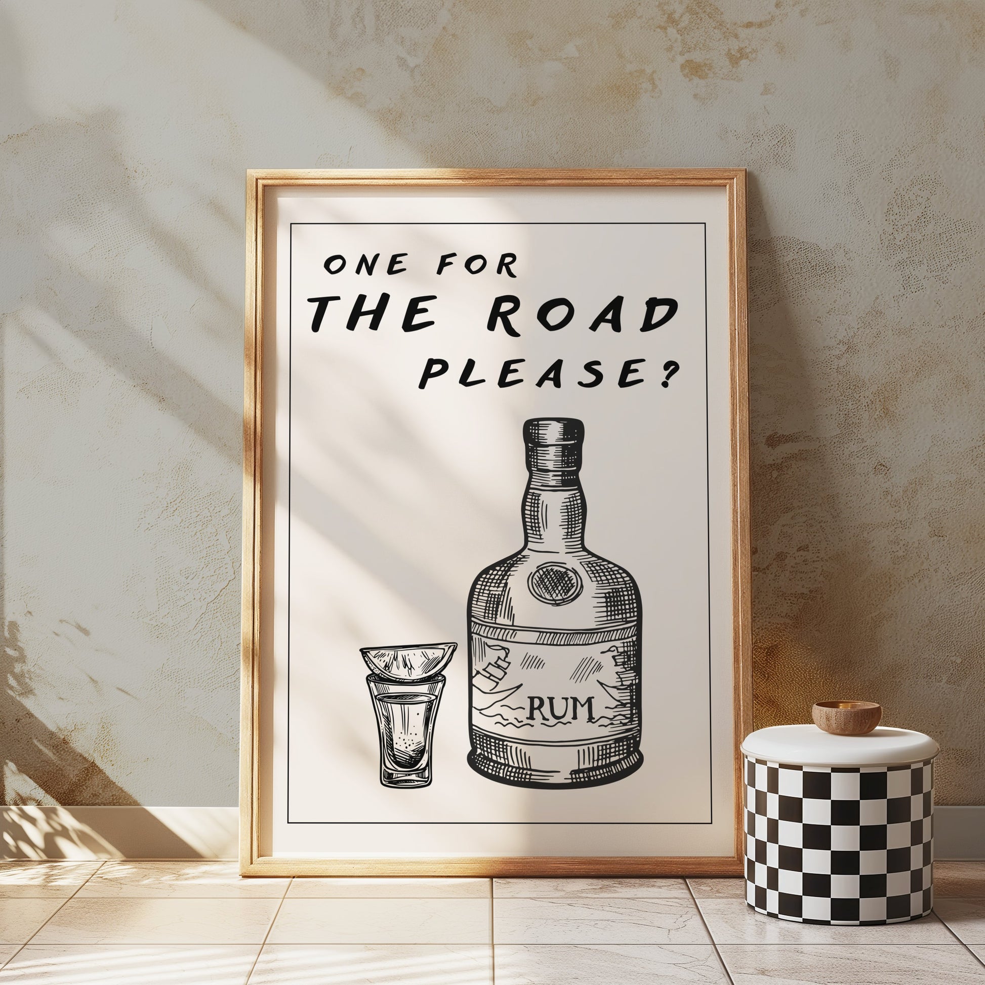 Premium Poster of Humorous Rum Bottle With Shot Glass Artwork Posters