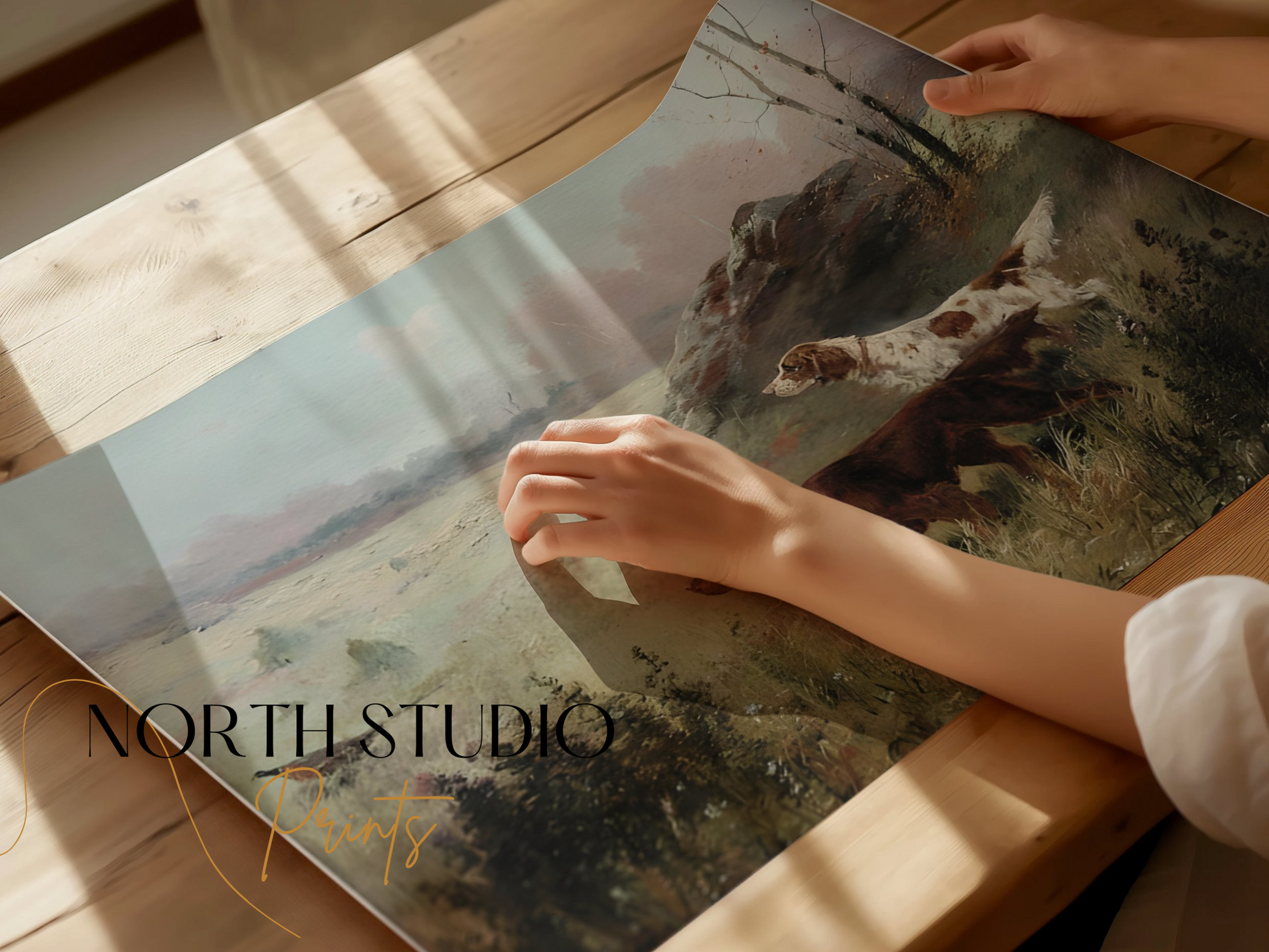 Hands holding an unframed hunting dogs in misty forest landscape art print on a wooden table with soft natural light.