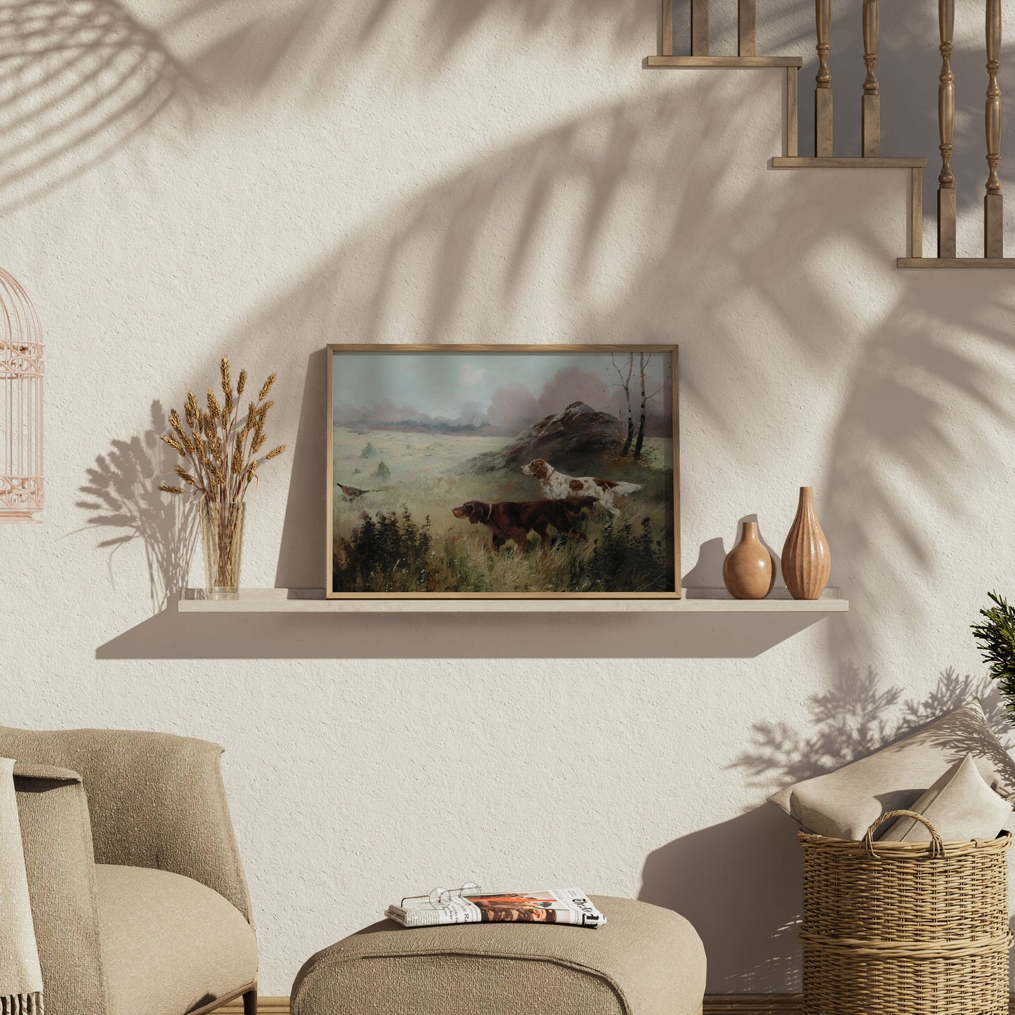 Hunting dogs in misty forest landscape art print on a shelf, styled with vases and natural decor in a cozy living space.