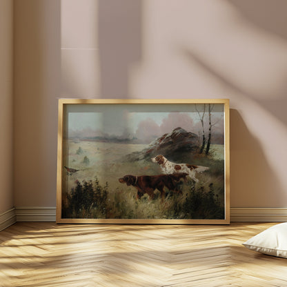 Hunting dogs in misty forest landscape art print in a wooden frame, resting on a wooden floor with soft light accents.