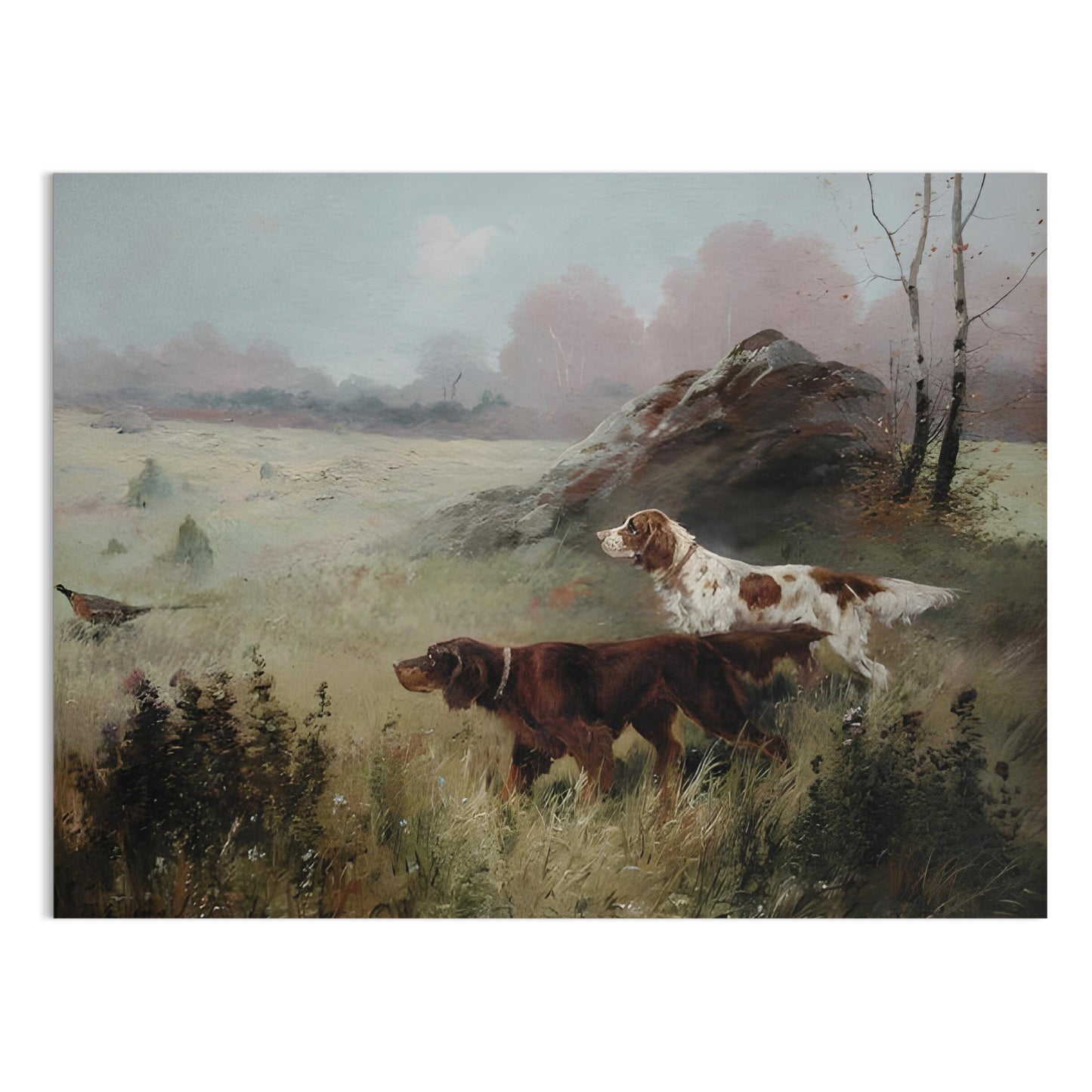 Art print of hunting dogs in a misty forest landscape with tall grass, a rocky hill, and soft pastel skies.
