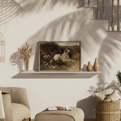 Hunting dogs with game birds artwork in a wooden frame, styled on a shelf with rustic decor elements in a cozy living space.