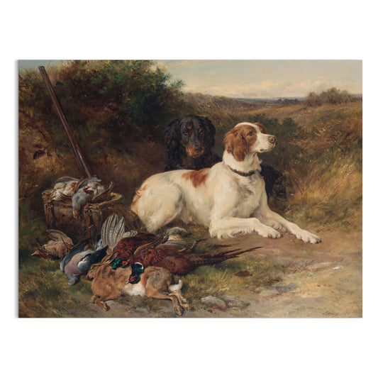 Classic hunting scene artwork featuring two dogs resting beside game birds and a hunting basket in a rustic countryside setting.