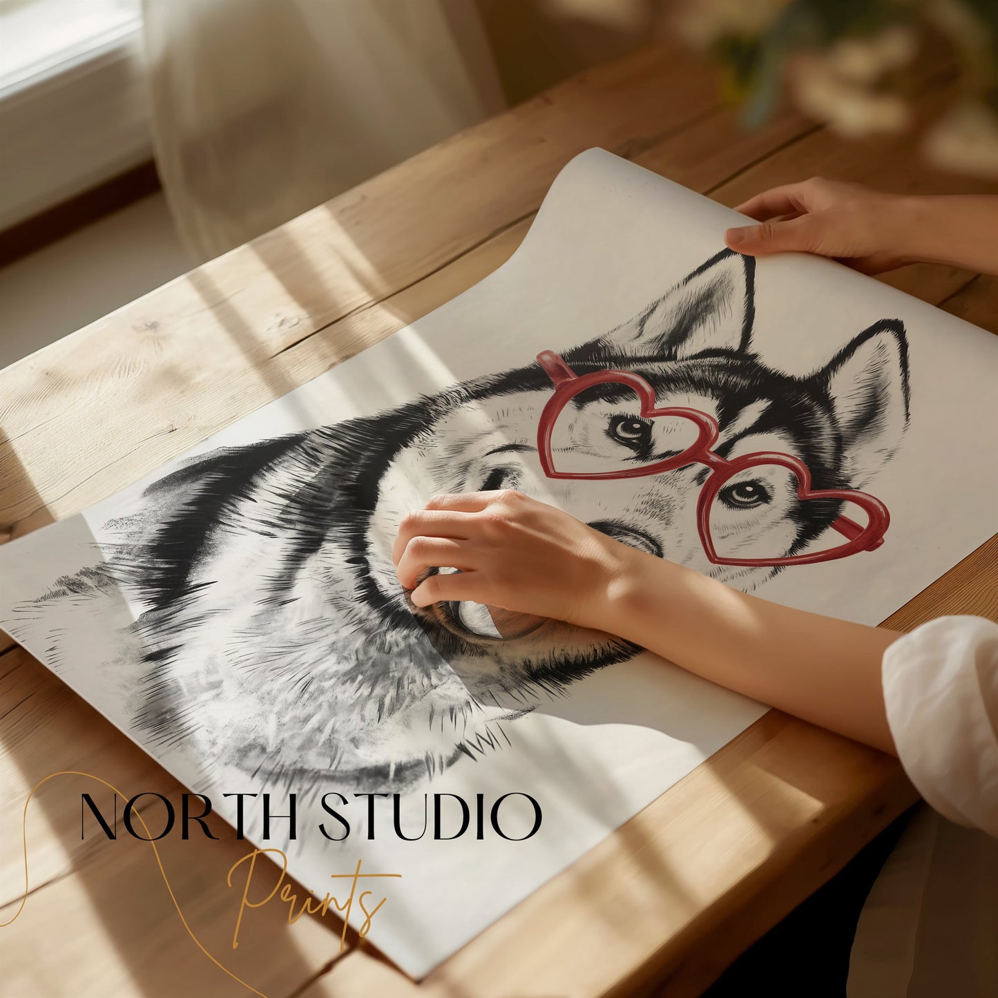 Premium Poster of Husky with Red Heart Shaped Glasses Drawing Posters