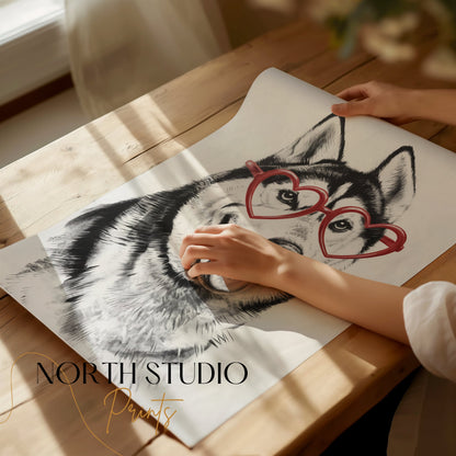 Premium Poster of Husky with Red Heart Shaped Glasses Drawing Posters
