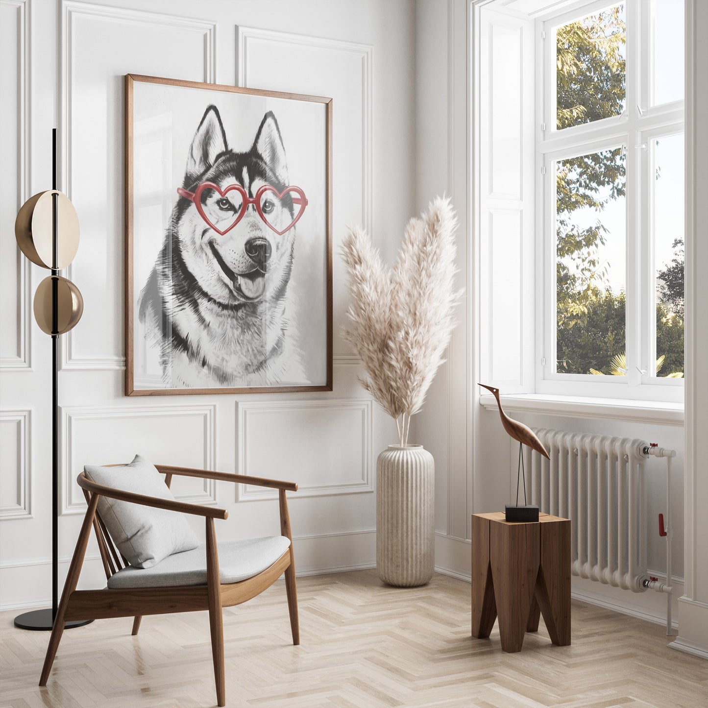Premium Poster of Husky with Red Heart Shaped Glasses Drawing Posters