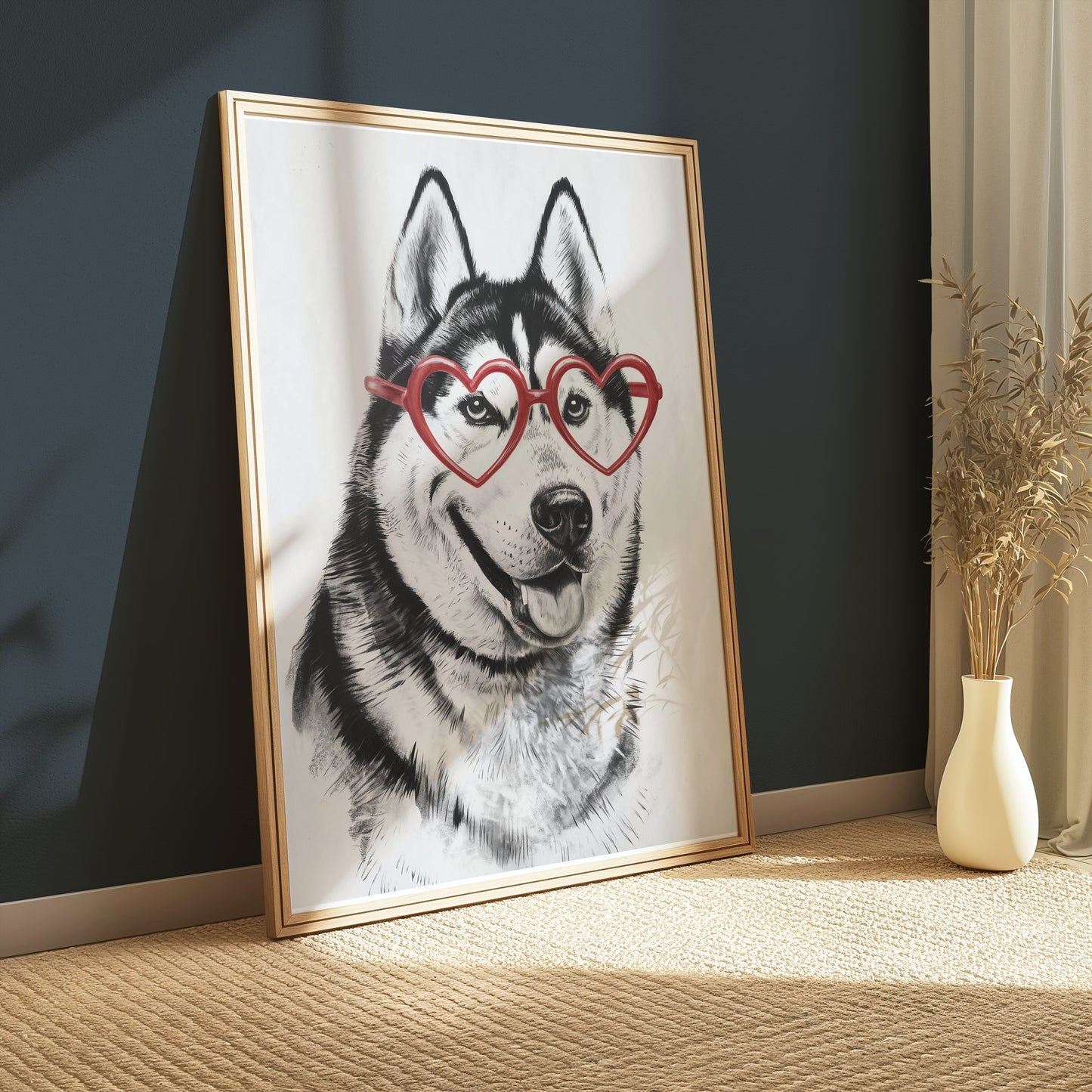 Premium Poster of Husky with Red Heart Shaped Glasses Drawing Posters