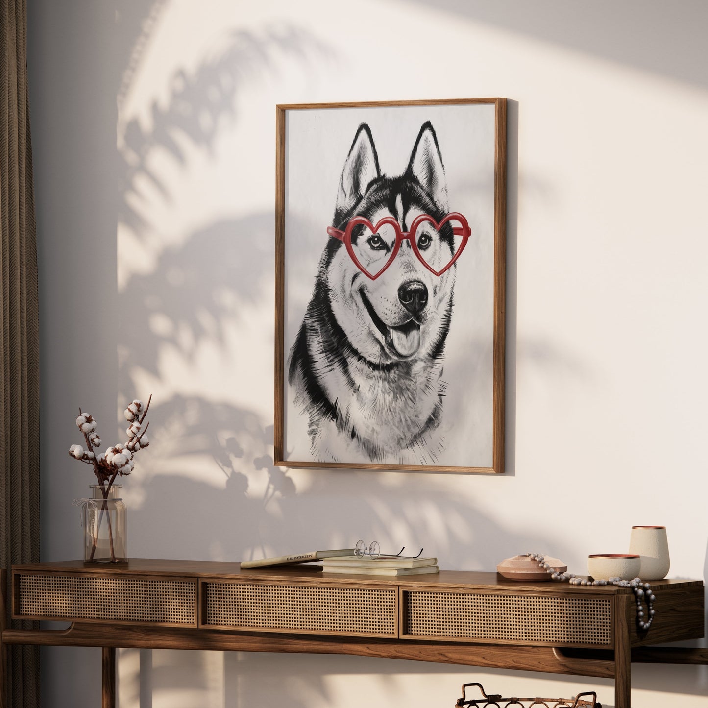Premium Poster of Husky with Red Heart Shaped Glasses Drawing Posters