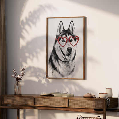 Premium Poster of Husky with Red Heart Shaped Glasses Drawing Posters
