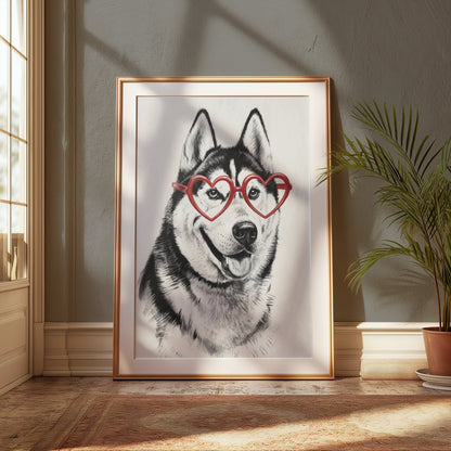 Premium Poster of Husky with Red Heart Shaped Glasses Drawing Posters