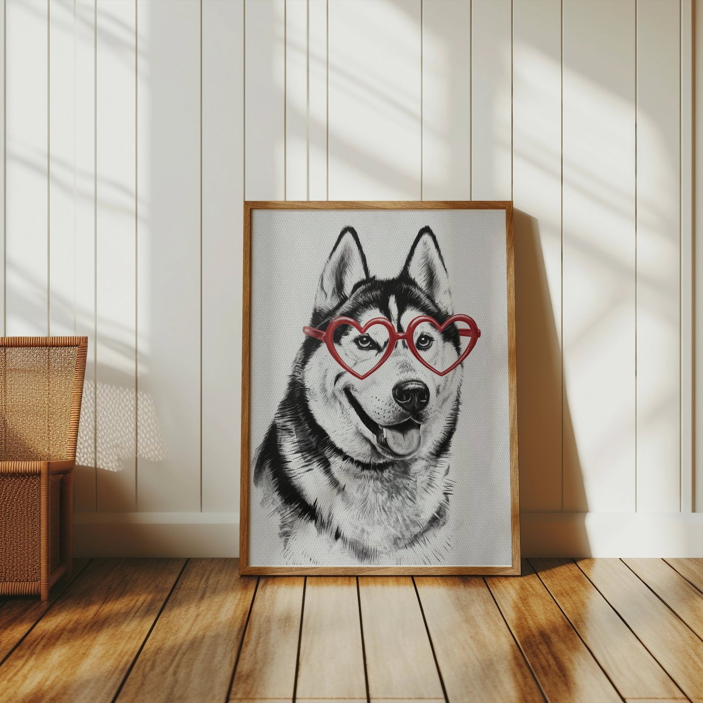 Premium Poster of Husky with Red Heart Shaped Glasses Drawing Posters