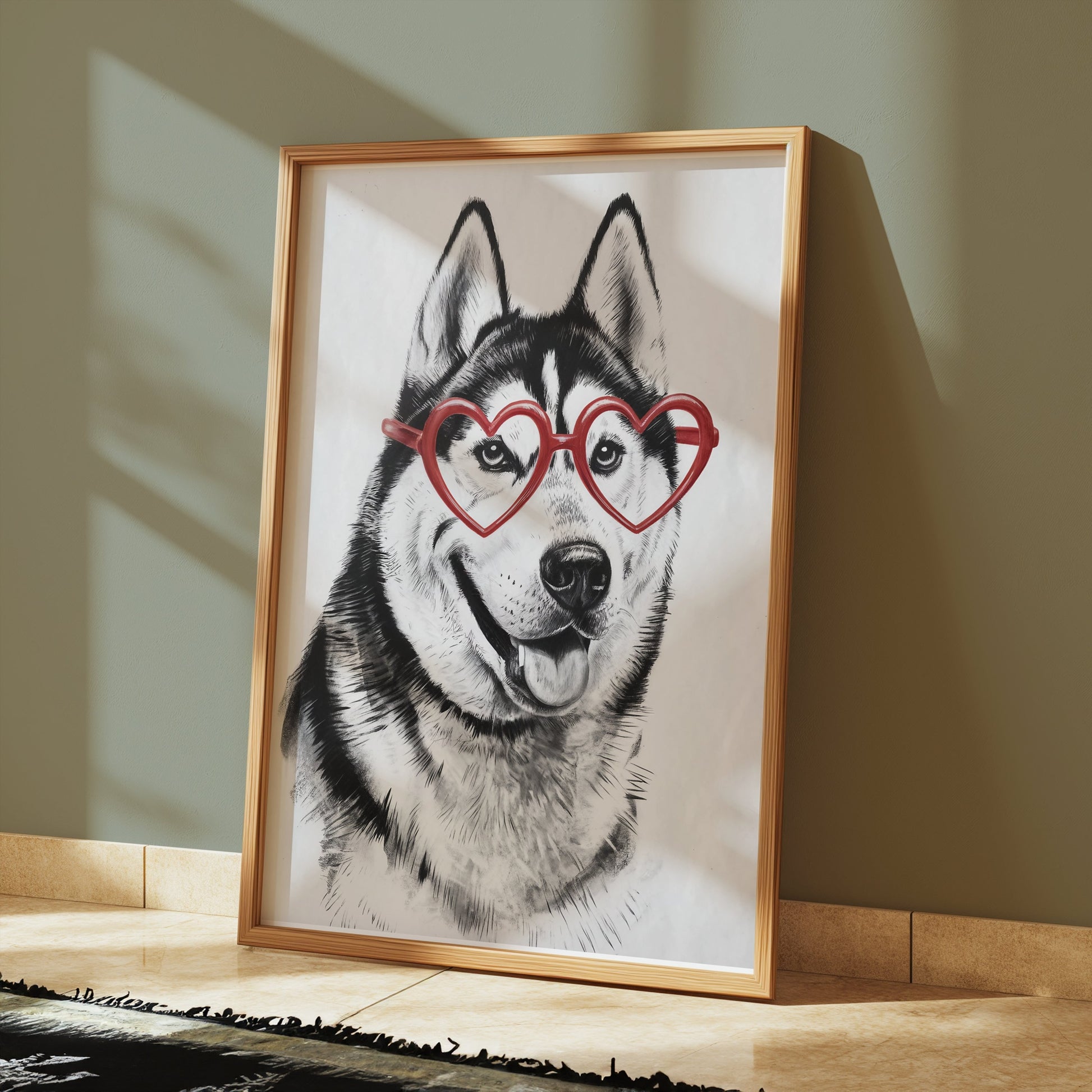 Premium Poster of Husky with Red Heart Shaped Glasses Drawing Posters
