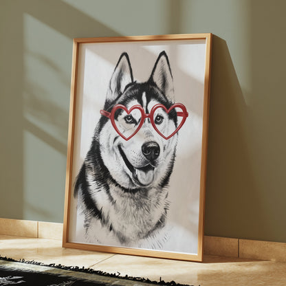 Premium Poster of Husky with Red Heart Shaped Glasses Drawing Posters