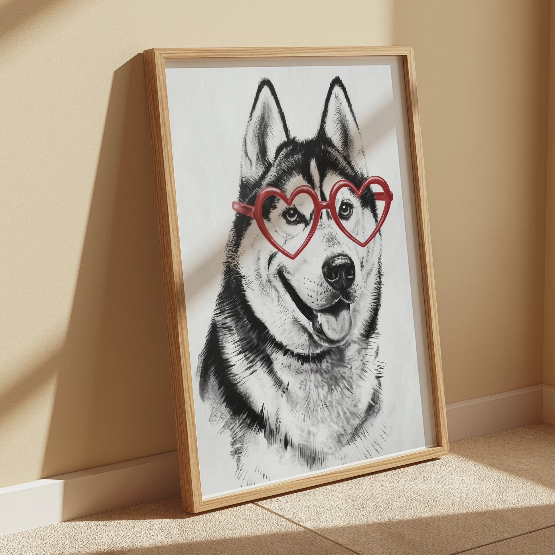 Premium Poster of Husky with Red Heart Shaped Glasses Drawing Posters