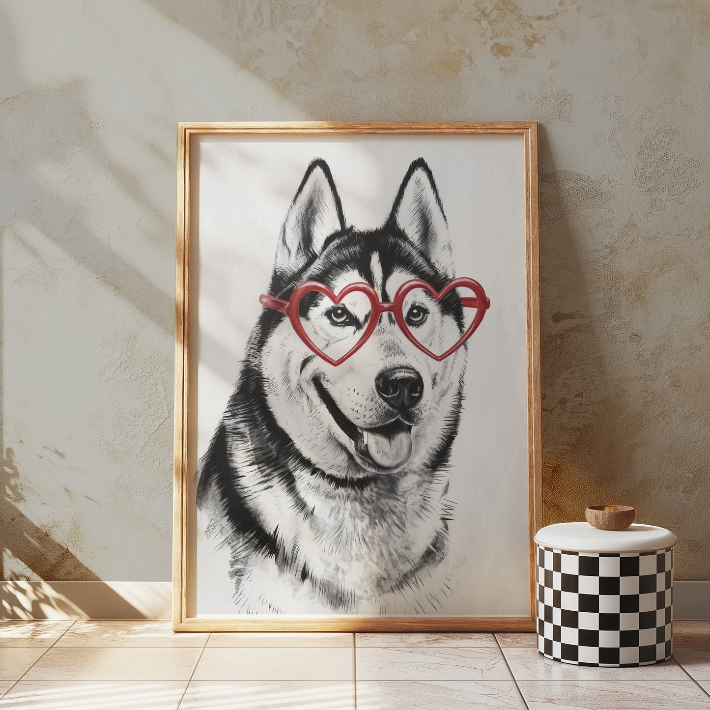 Premium Poster of Husky with Red Heart Shaped Glasses Drawing Posters