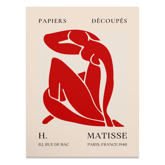 H. Matisse 1948 Papiers Découpés art poster featuring a bold red abstract figure on a beige background, ideal for modern wall decor.