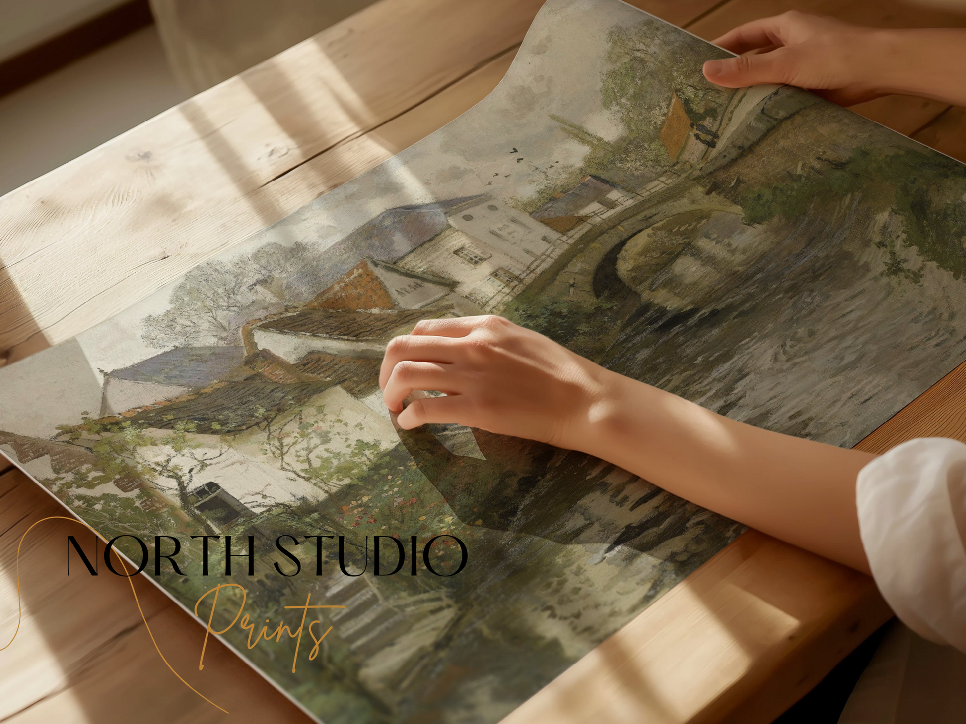 Premium Poster of Idyllic Village Scene with Stone Bridge Posters