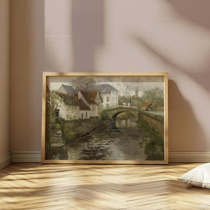 Premium Poster of Idyllic Village Scene with Stone Bridge Posters