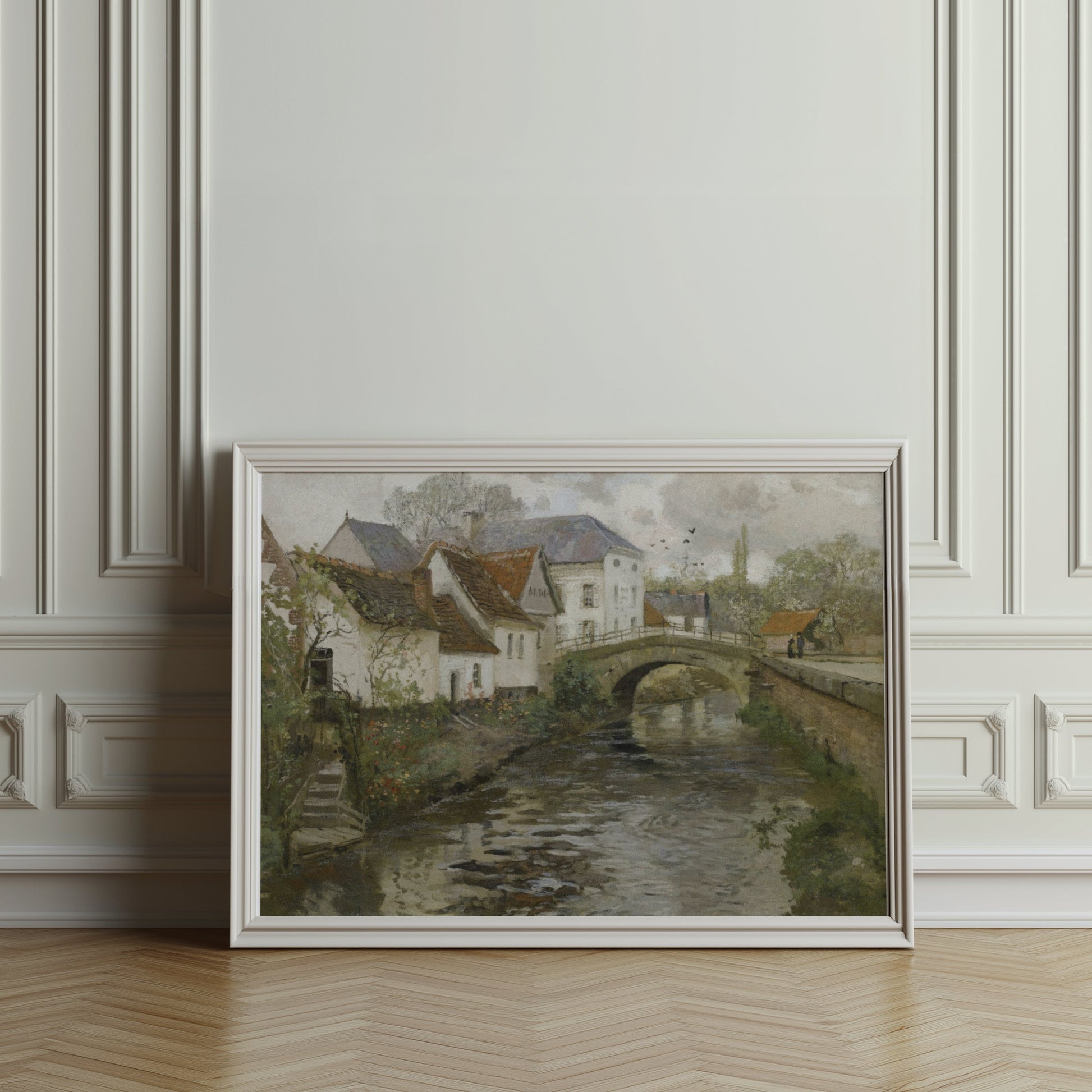 Premium Poster of Idyllic Village Scene with Stone Bridge Posters