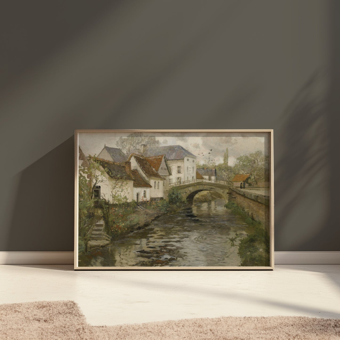 Premium Poster of Idyllic Village Scene with Stone Bridge Posters