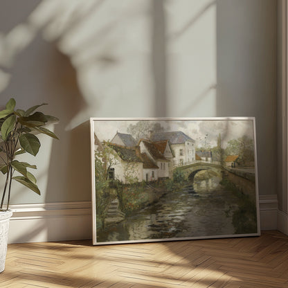 Premium Poster of Idyllic Village Scene with Stone Bridge Posters