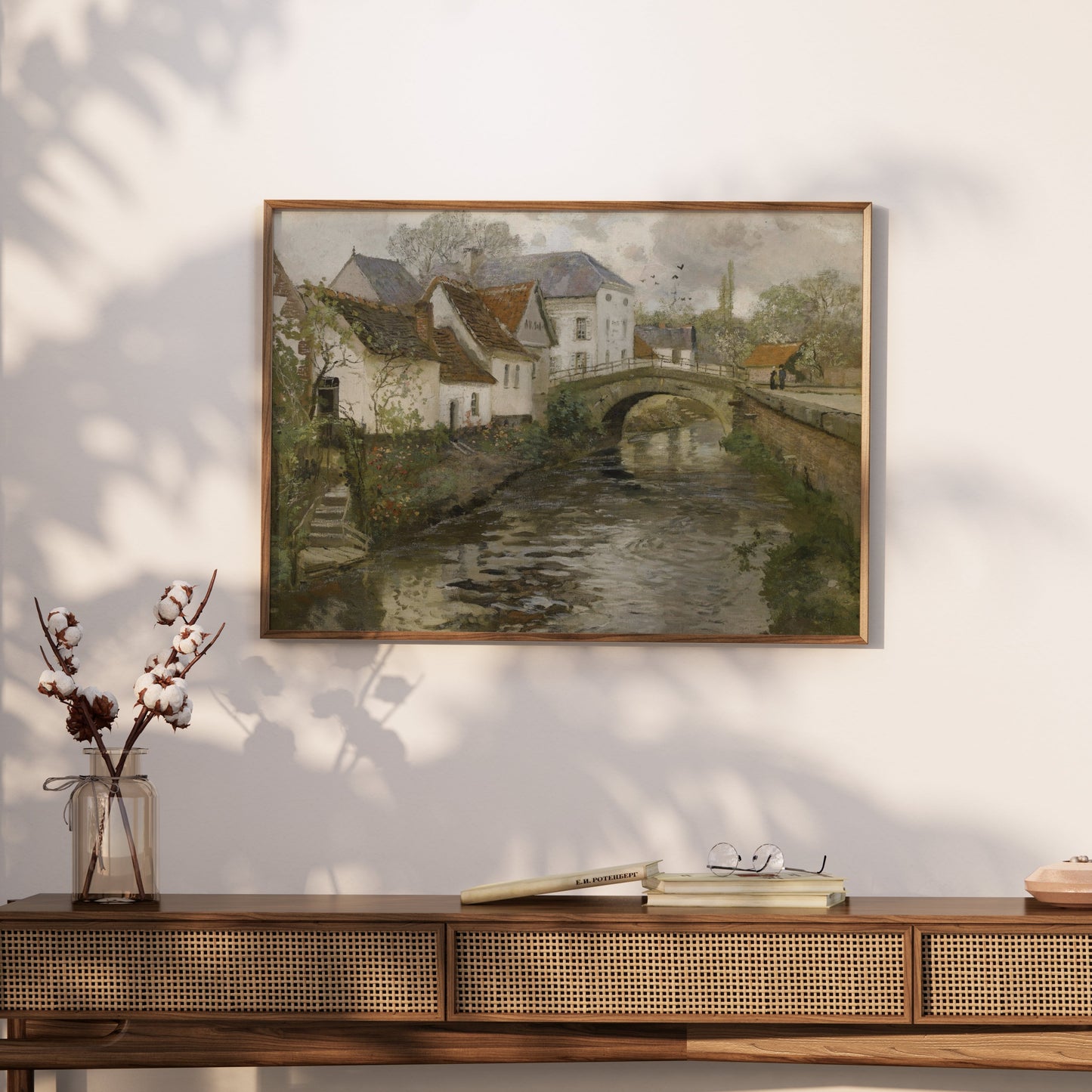 Premium Poster of Idyllic Village Scene with Stone Bridge Posters