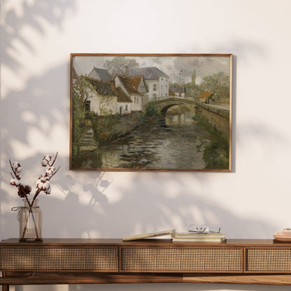 Premium Poster of Idyllic Village Scene with Stone Bridge Posters