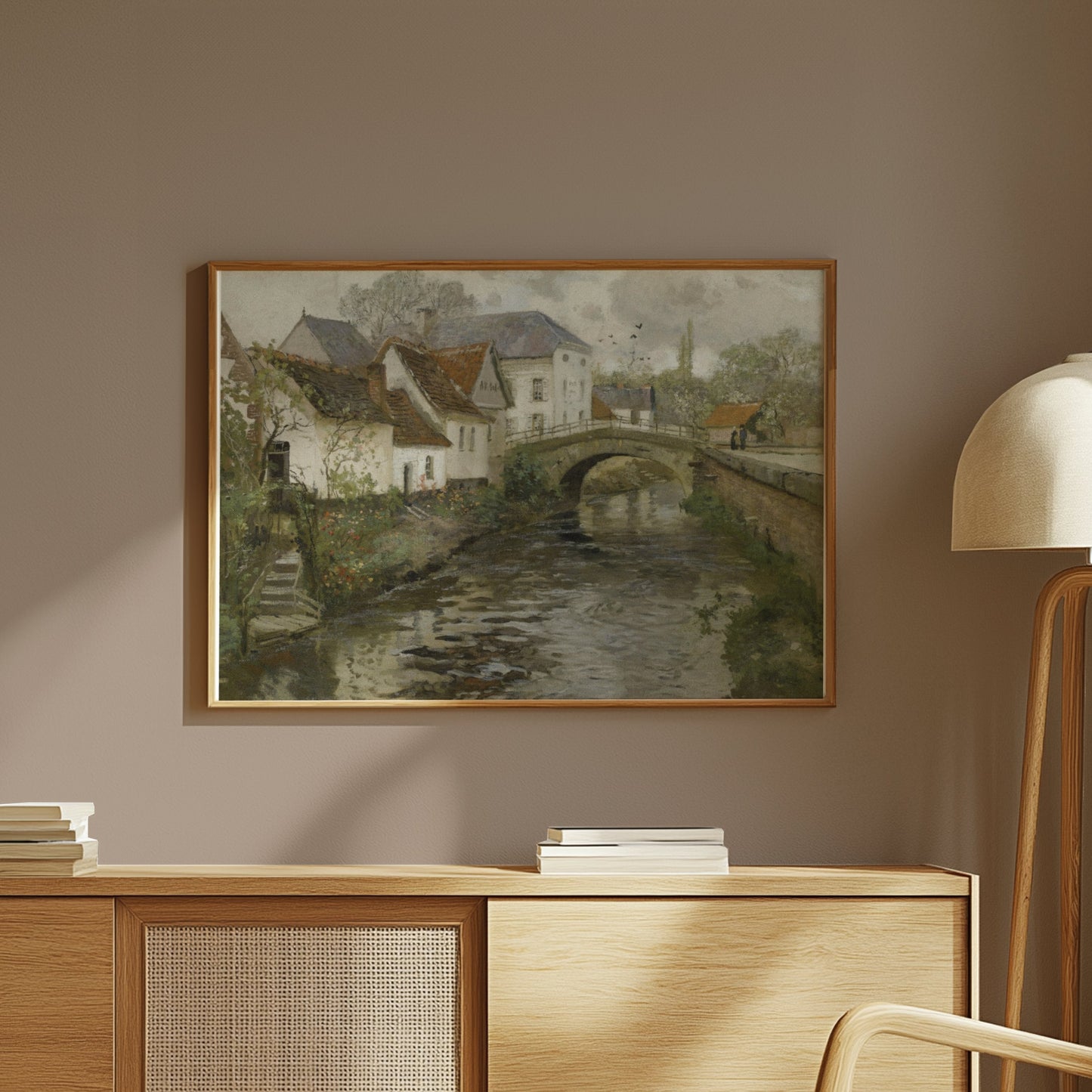 Premium Poster of Idyllic Village Scene with Stone Bridge Posters