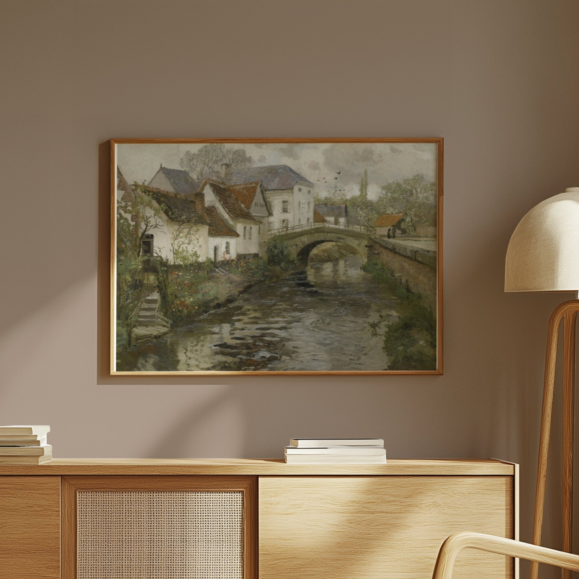 Premium Poster of Idyllic Village Scene with Stone Bridge Posters