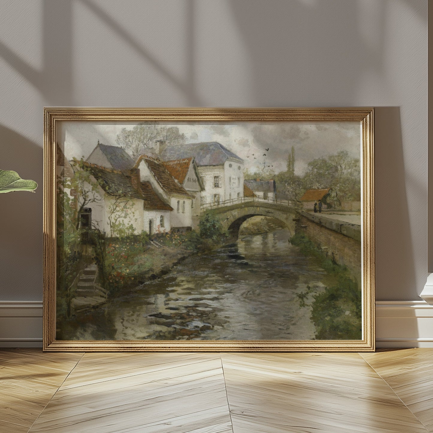 Premium Poster of Idyllic Village Scene with Stone Bridge Posters