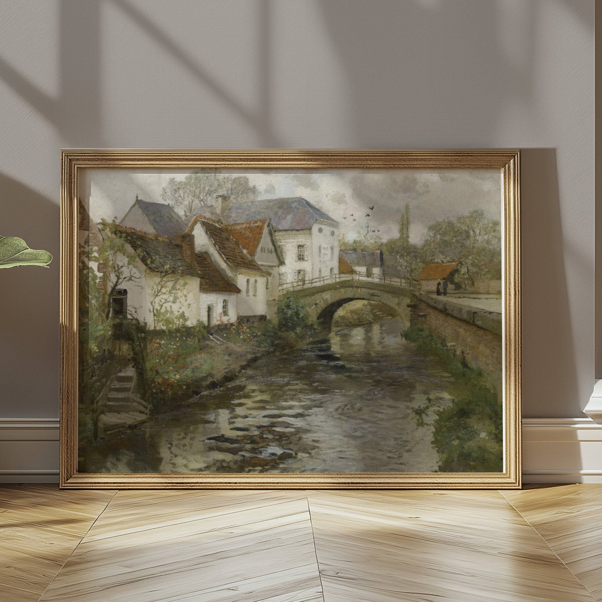 Premium Poster of Idyllic Village Scene with Stone Bridge Posters