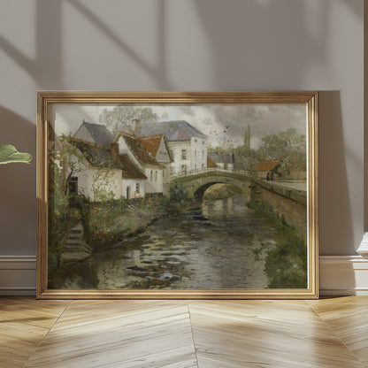 Premium Poster of Idyllic Village Scene with Stone Bridge Posters