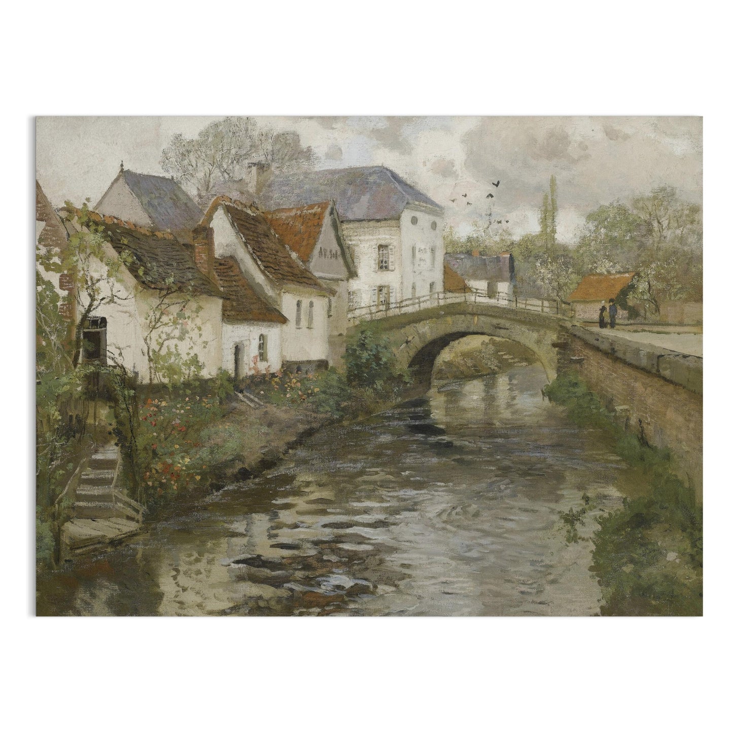 Premium Poster of Idyllic Village Scene with Stone Bridge Posters