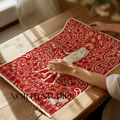Premium Poster of Intricate Red Art with Figures and Swirls Design Posters